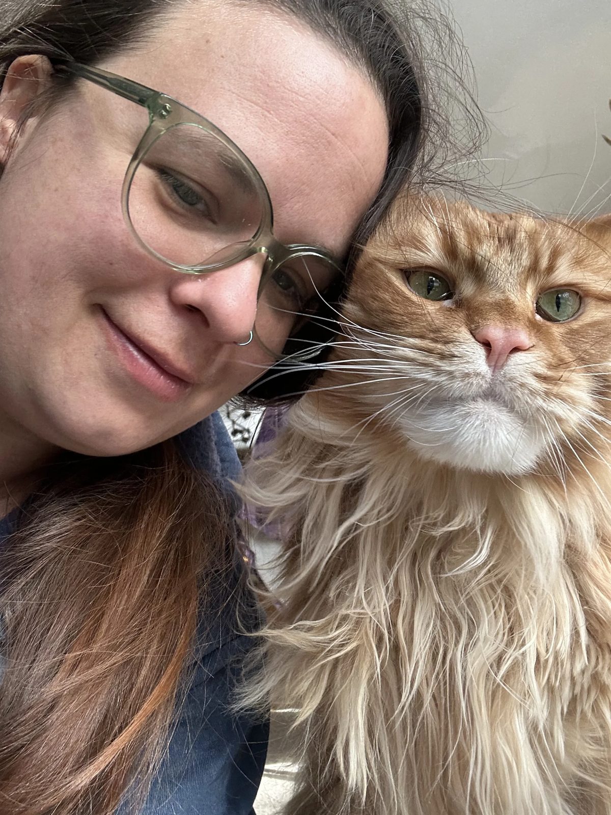 Lauren Eidt in glasses resting her head against a fluffy long-haired orange cat